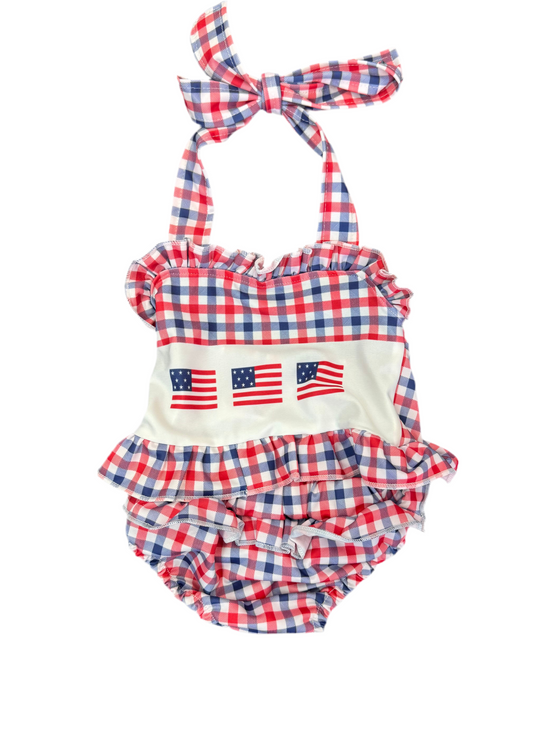 Checkered Red White and Blue ruffle bathing suit