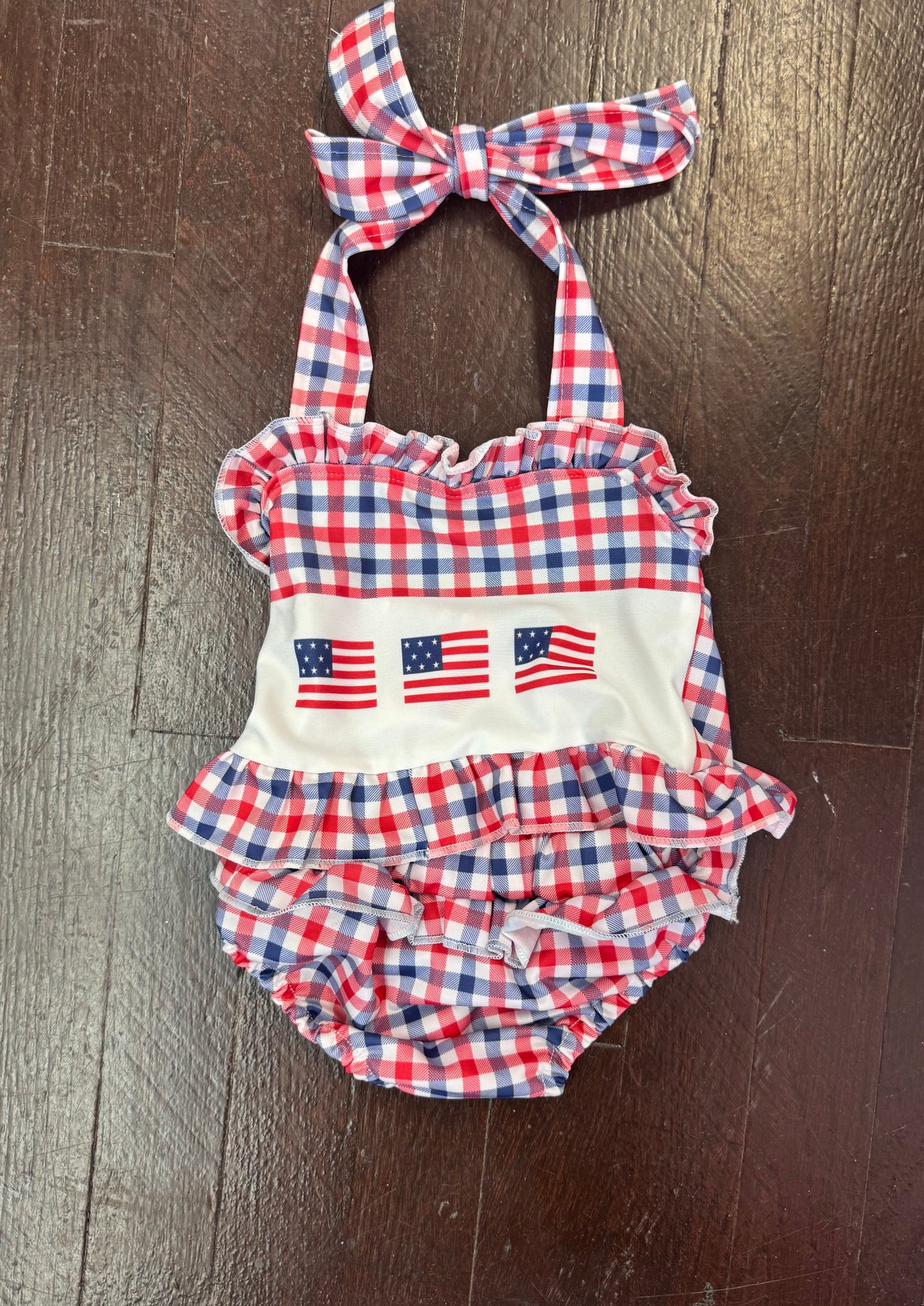 Checkered Red White and Blue ruffle bathing suit